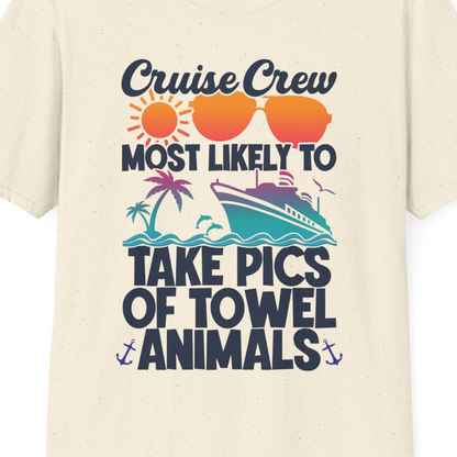 Cruise Crew Towel Animal Photo Squad Tropical Sunset Shirt — T-Shirt T-Shirt – Natural – Best Cruise Shirts Close Up