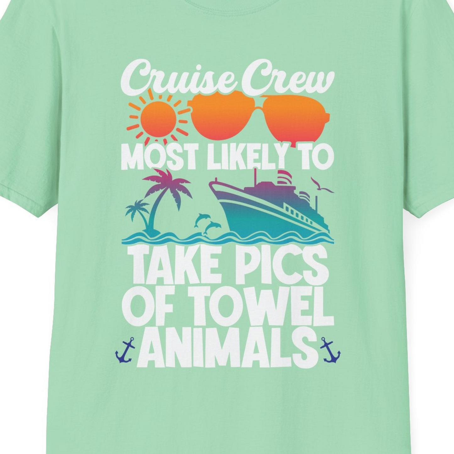 Cruise Crew Towel Animal Photo Squad Tropical Sunset Shirt — T-Shirt T-Shirt – Mint Green – Best Cruise Shirts Close Up