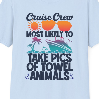Cruise Crew Towel Animal Photo Squad Tropical Sunset Shirt — T-Shirt T-Shirt – Light Blue – Best Cruise Shirts Close Up