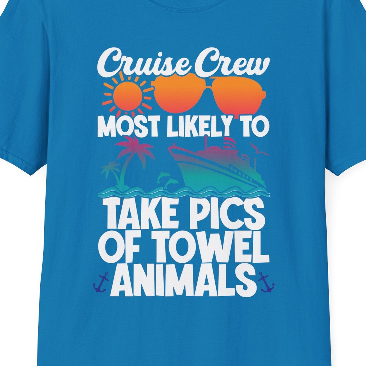 Cruise Crew Towel Animal Photo Squad Tropical Sunset Shirt — T-Shirt T-Shirt – Sapphire – Best Cruise Shirts Close Up
