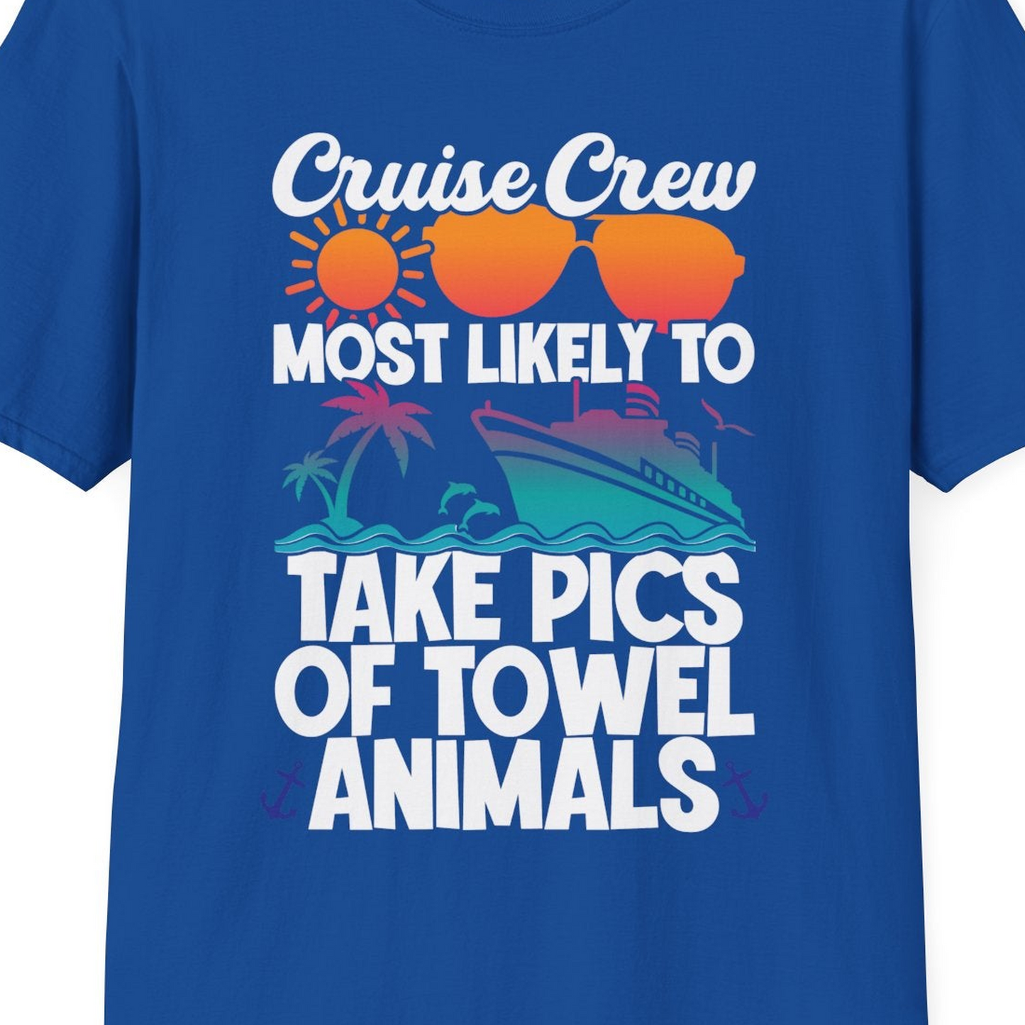 Cruise Crew Towel Animal Photo Squad Tropical Sunset Shirt — T-Shirt T-Shirt – Royal – Best Cruise Shirts Close Up