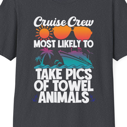 Cruise Crew Towel Animal Photo Squad Tropical Sunset Shirt — T-Shirt T-Shirt – Dark Heather Grey – Best Cruise Shirts Close Up