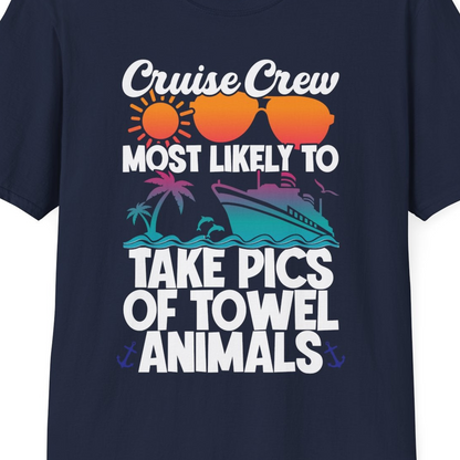 Cruise Crew Towel Animal Photo Squad Tropical Sunset Shirt — T-Shirt T-Shirt – Navy – Best Cruise Shirts Close Up