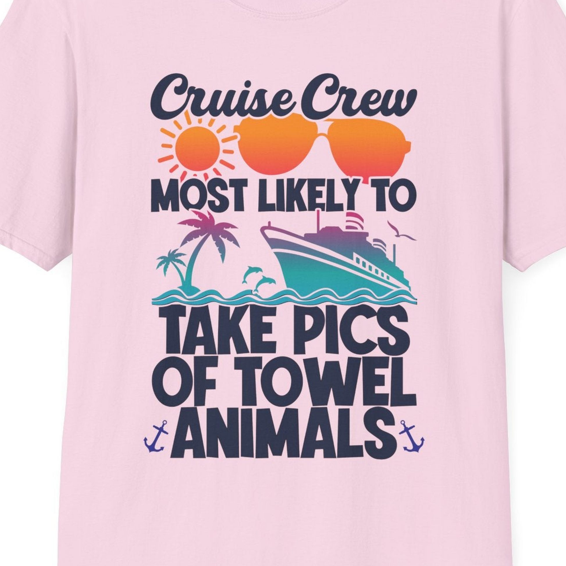 Cruise Crew Towel Animal Photo Squad Tropical Sunset Shirt — T-Shirt T-Shirt – Light Pink – Best Cruise Shirts Close Up