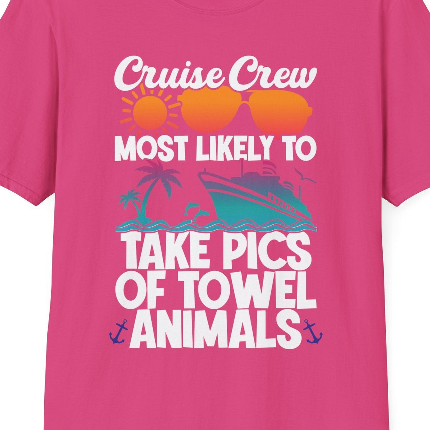 Cruise Crew Towel Animal Photo Squad Tropical Sunset Shirt — T-Shirt T-Shirt – Heliconia – Best Cruise Shirts Close Up