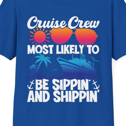 Cruise Crew Sippin and Shippin Tropical Nautical Party Shirt — T-Shirt T-Shirt – Royal – Best Cruise Shirts Close Up