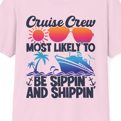 Cruise Crew Sippin and Shippin Tropical Nautical Party Shirt — T-Shirt T-Shirt – Light Pink – Best Cruise Shirts Close Up