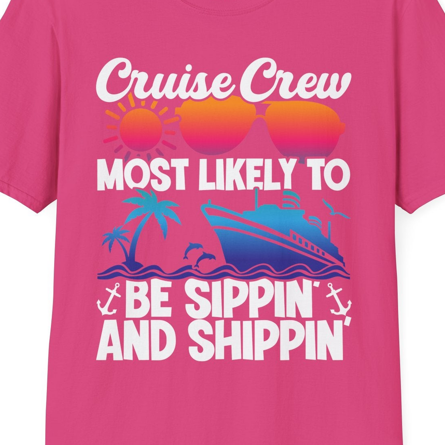 Cruise Crew Sippin and Shippin Tropical Nautical Party Shirt — T-Shirt T-Shirt – Heliconia – Best Cruise Shirts Close Up