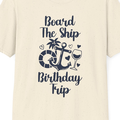 Board the Ship Cruise Birthday Shirt With Nautical Party Icons — T-Shirt T-Shirt – Natural – Best Cruise Shirts Close Up