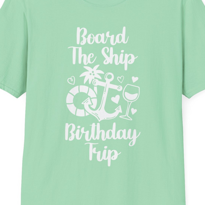 Board the Ship Cruise Birthday Shirt With Nautical Party Icons — T-Shirt T-Shirt – Mint Green – Best Cruise Shirts Close Up