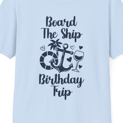 Board the Ship Cruise Birthday Shirt With Nautical Party Icons — T-Shirt T-Shirt – Light Blue – Best Cruise Shirts Close Up