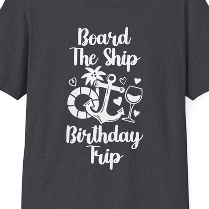 Board the Ship Cruise Birthday Shirt With Nautical Party Icons — T-Shirt T-Shirt – Dark Heather Grey – Best Cruise Shirts Close Up