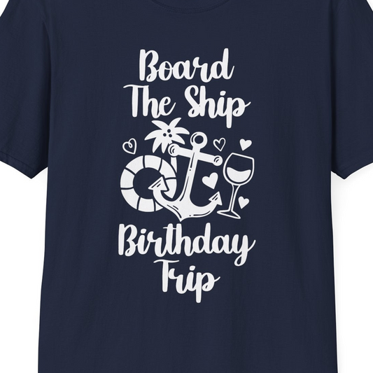 Board the Ship Cruise Birthday Shirt With Nautical Party Icons — T-Shirt T-Shirt – Navy – Best Cruise Shirts Close Up