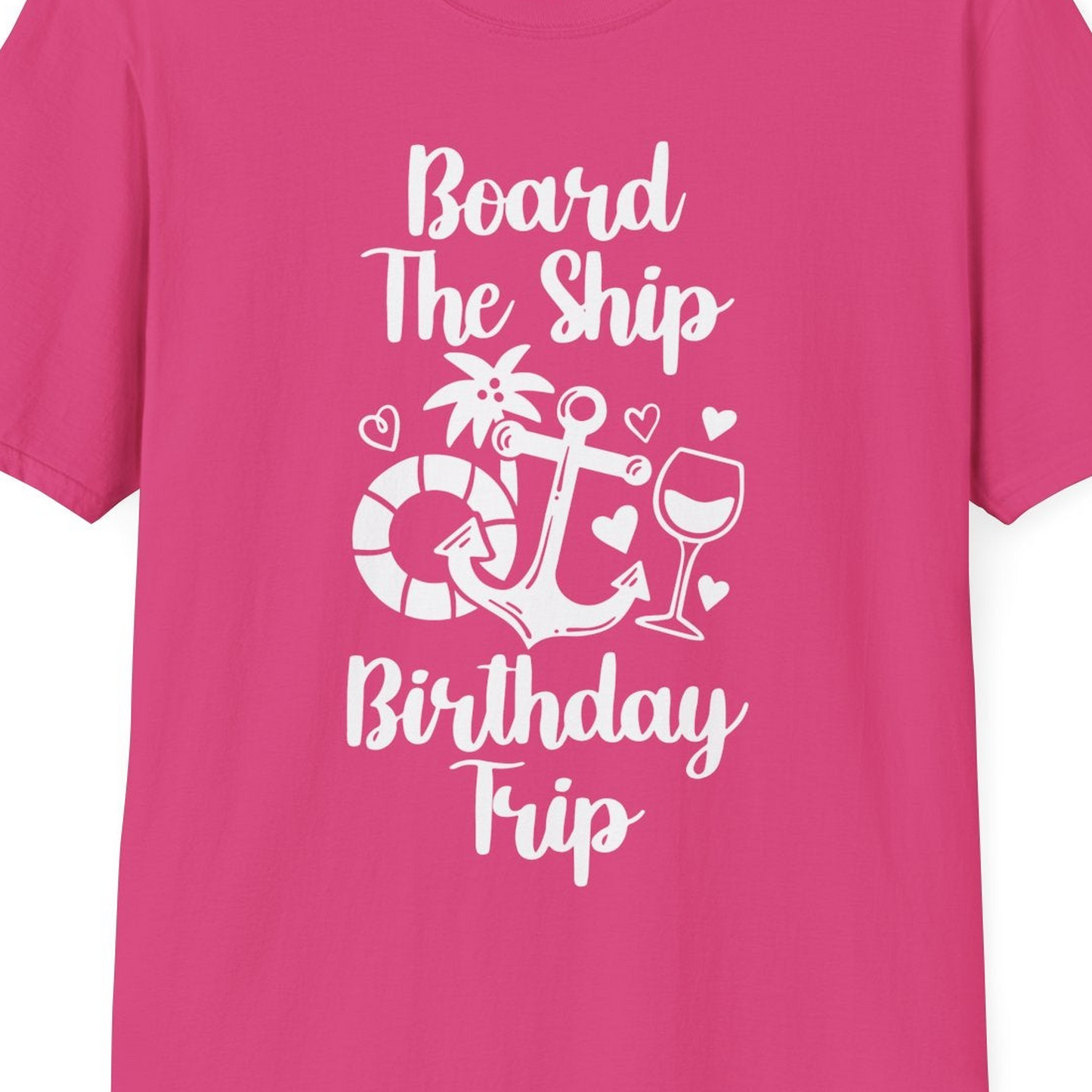 Board the Ship Cruise Birthday Shirt With Nautical Party Icons — T-Shirt T-Shirt – Heliconia – Best Cruise Shirts Close Up