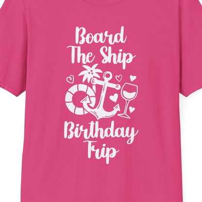 Board the Ship Cruise Birthday Shirt With Nautical Party Icons — T-Shirt T-Shirt – Heliconia – Best Cruise Shirts Close Up