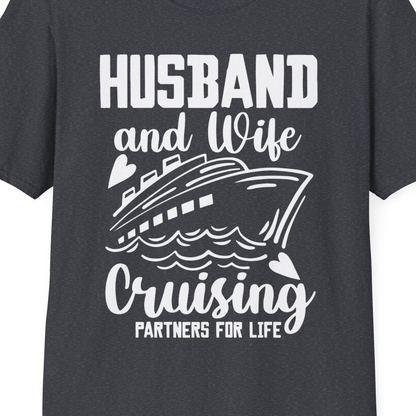 Husband and Wife Cruising Partners for Life Romantic Cruise Shirt — T-Shirt T-Shirt – Dark Heather Grey – Best Cruise Shirts Close Up