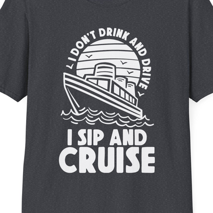 I Sip and Cruise Funny Cruise Drinking Shirt with Ship Illustration — T-Shirt T-Shirt – Dark Heather Grey – Best Cruise Shirts Close Up