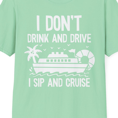 I Sip And Cruise Funny Drinking Shirt With Cruise Ship And Tropics — T-Shirt T-Shirt – Mint Green – Best Cruise Shirts Close Up