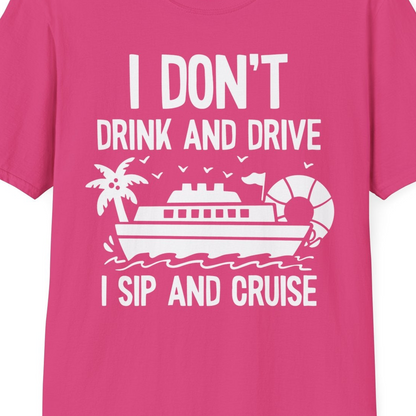 I Sip And Cruise Funny Drinking Shirt With Cruise Ship And Tropics — T-Shirt T-Shirt – Heliconia – Best Cruise Shirts Close Up