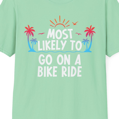 Most Likely To Go On A Bike Ride Tropical Sunset Palm Trees Shirt — T-Shirt T-Shirt – Mint Green – Best Cruise Shirts Close Up