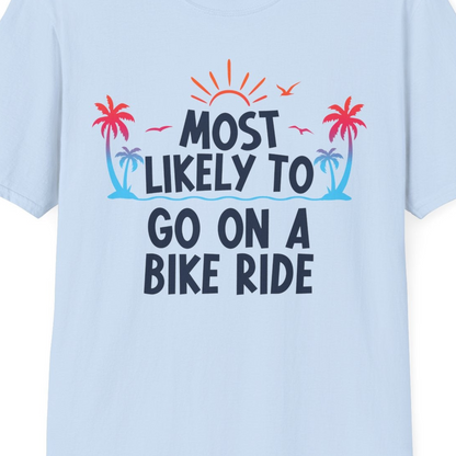 Most Likely To Go On A Bike Ride Tropical Sunset Palm Trees Shirt — T-Shirt T-Shirt – Light Blue – Best Cruise Shirts Close Up