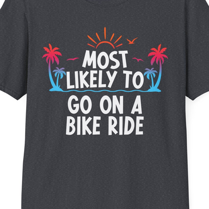 Most Likely To Go On A Bike Ride Tropical Sunset Palm Trees Shirt — T-Shirt T-Shirt – Dark Heather Grey – Best Cruise Shirts Close Up
