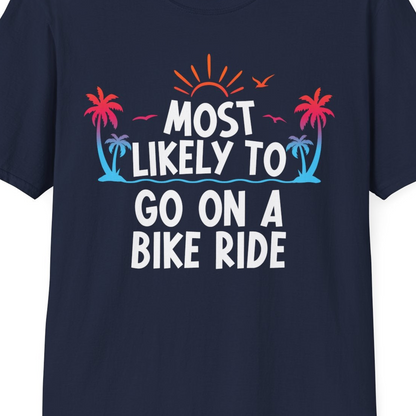 Most Likely To Go On A Bike Ride Tropical Sunset Palm Trees Shirt — T-Shirt T-Shirt – Navy – Best Cruise Shirts Close Up