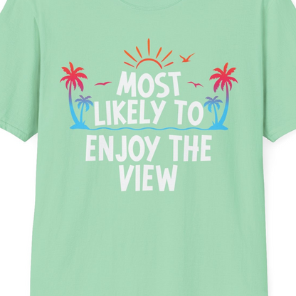 Most Likely To Enjoy The View Tropical Beach Sunset Palm Trees Shirt — T-Shirt T-Shirt – Mint Green – Best Cruise Shirts Close Up