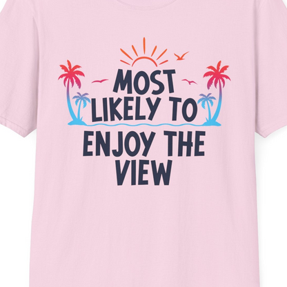 Most Likely To Enjoy The View Tropical Beach Sunset Palm Trees Shirt — T-Shirt T-Shirt – Light Pink – Best Cruise Shirts Close Up