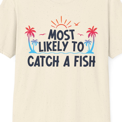 Most Likely To Catch A Fish Tropical Retro Sunset Fishing Shirt — T-Shirt T-Shirt – Natural – Best Cruise Shirts Close Up