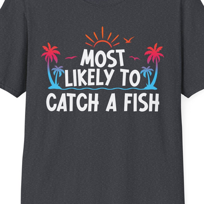 Most Likely To Catch A Fish Tropical Retro Sunset Fishing Shirt — T-Shirt T-Shirt – Dark Heather Grey – Best Cruise Shirts Close Up