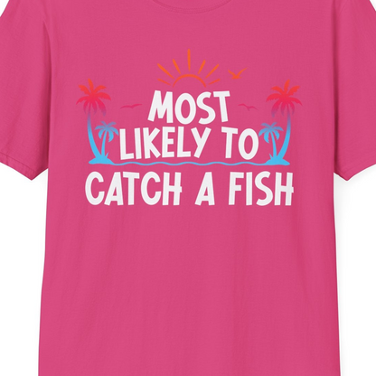 Most Likely To Catch A Fish Tropical Retro Sunset Fishing Shirt — T-Shirt T-Shirt – Heliconia – Best Cruise Shirts Close Up