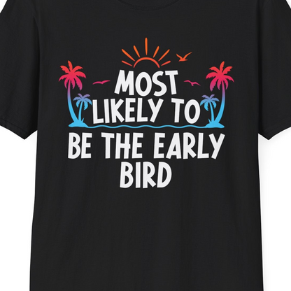 Early Bird Tropical Sunrise Shirt T-Shirt – Black – Best Cruise Shirts Close Up