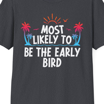 Early Bird Tropical Sunrise Shirt T-Shirt – Dark Heather Grey – Best Cruise Shirts Close Up