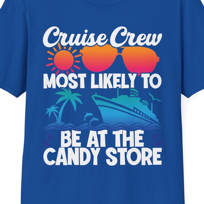 Cruise Crew Most Likely To Be At The Candy Store Tropical Shirt — T-Shirt T-Shirt – Royal – Best Cruise Shirts Close Up