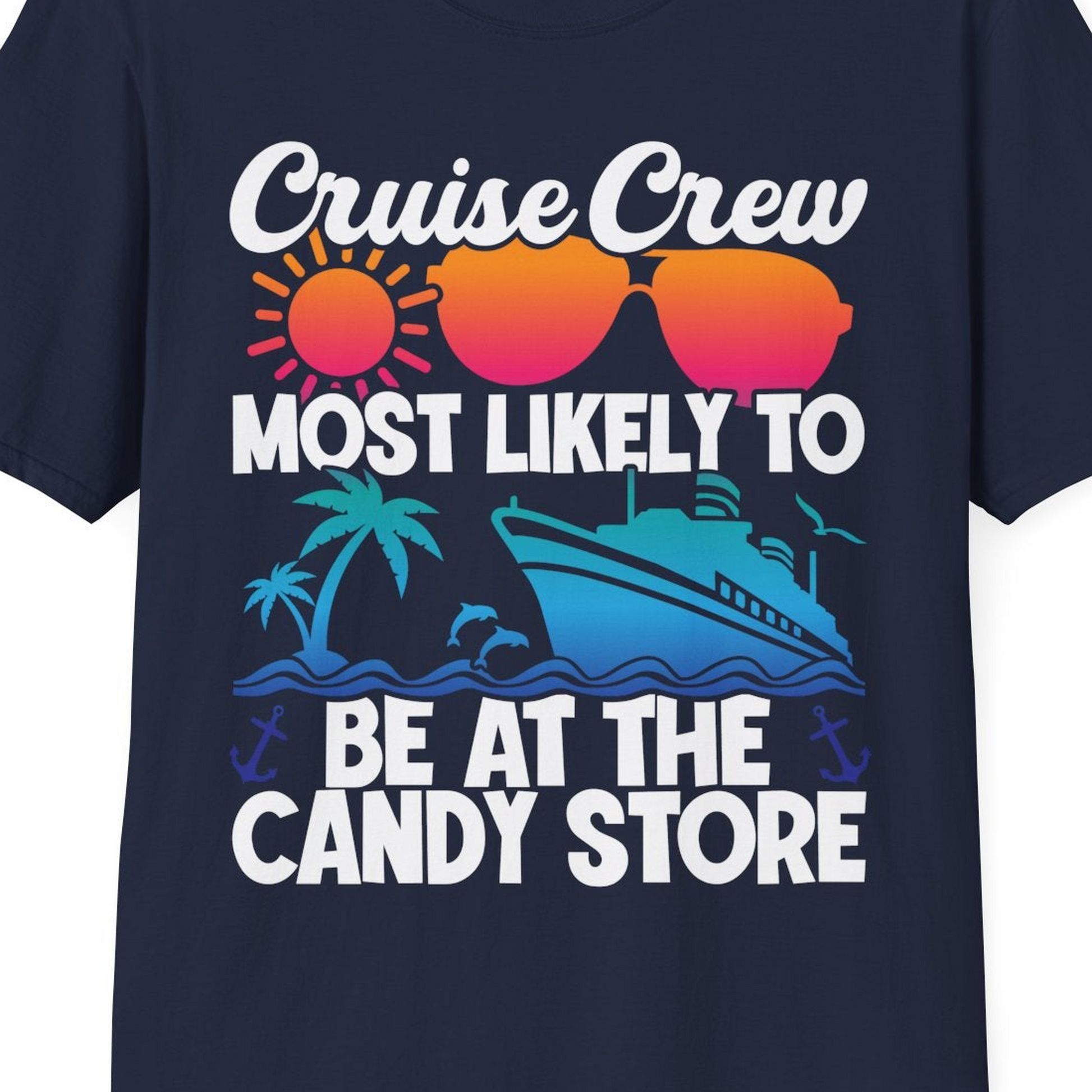 Cruise Crew Most Likely To Be At The Candy Store Tropical Shirt — T-Shirt T-Shirt – Navy – Best Cruise Shirts Close Up