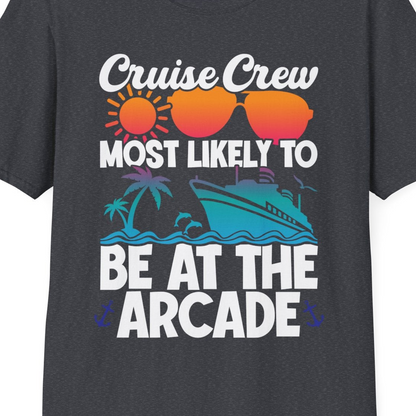 Cruise Crew Most Likely To Be At The Arcade Shirt Tropical Fun — T-Shirt T-Shirt – Dark Heather Grey – Best Cruise Shirts Close Up
