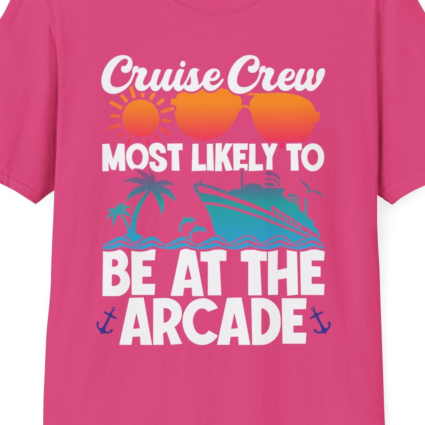 Cruise Crew Most Likely To Be At The Arcade Shirt Tropical Fun — T-Shirt T-Shirt – Heliconia – Best Cruise Shirts Close Up