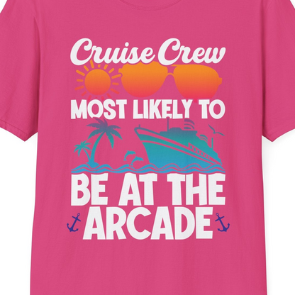Cruise Crew Most Likely To Be At The Arcade Shirt Tropical Fun — T-Shirt T-Shirt – Heliconia – Best Cruise Shirts Close Up