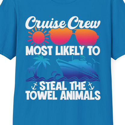 Cruise Crew Most Likely to Steal the Towel Animals Shirt — T-Shirt T-Shirt – Sapphire – Best Cruise Shirts Close Up