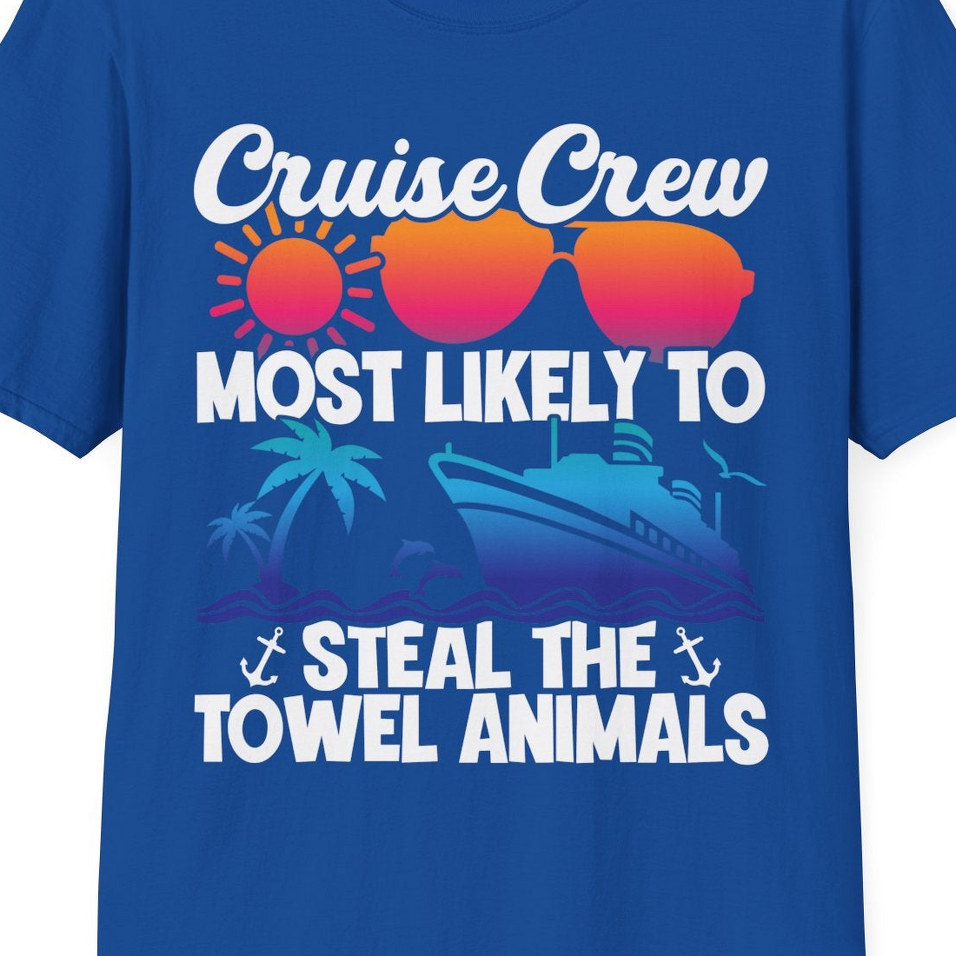 Cruise Crew Most Likely to Steal the Towel Animals Shirt — T-Shirt T-Shirt – Royal – Best Cruise Shirts Close Up