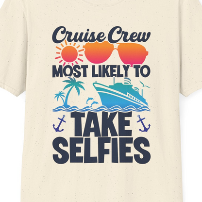 Cruise Crew Most Likely To Take Selfies Tropical Group Shirt — T-Shirt T-Shirt – Natural – Best Cruise Shirts Close Up