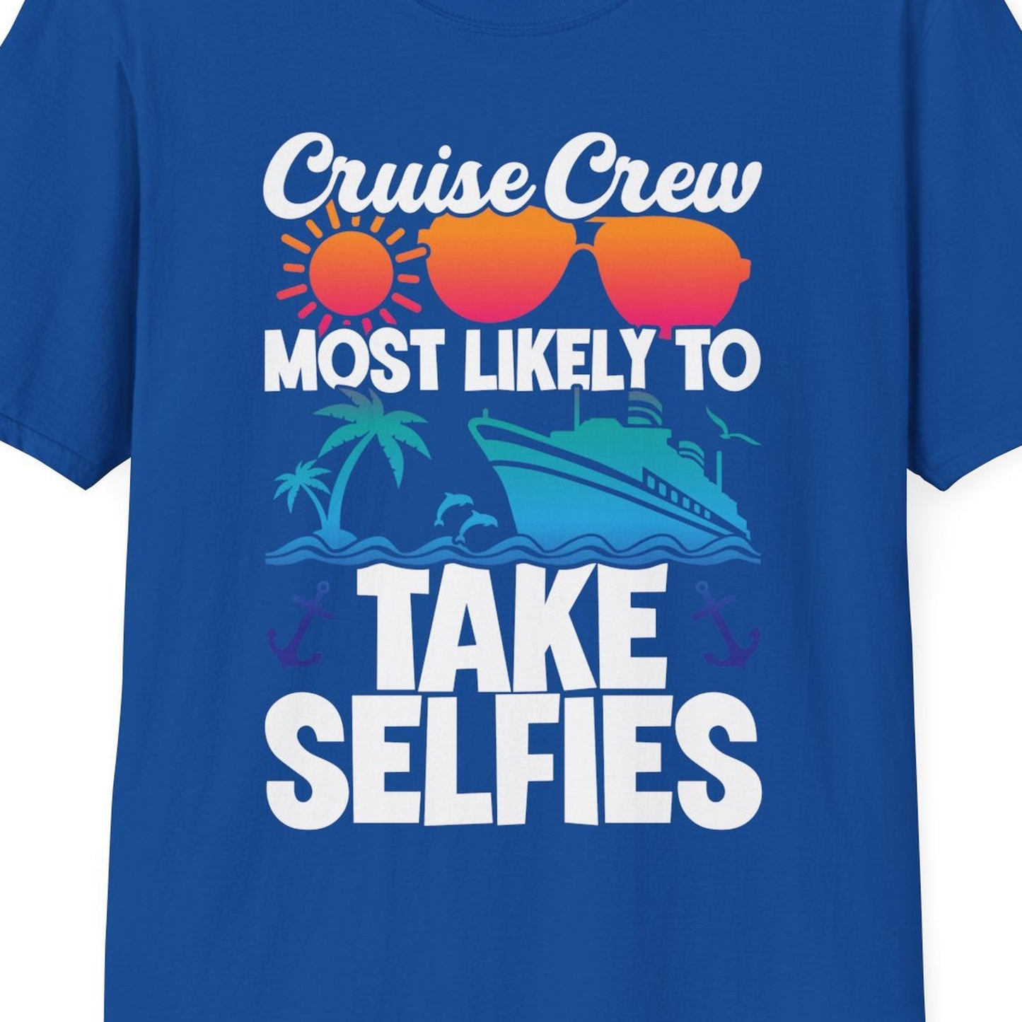 Cruise Crew Most Likely To Take Selfies Tropical Group Shirt — T-Shirt T-Shirt – Royal – Best Cruise Shirts Close Up