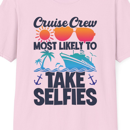 Cruise Crew Most Likely To Take Selfies Tropical Group Shirt — T-Shirt T-Shirt – Light Pink – Best Cruise Shirts Close Up