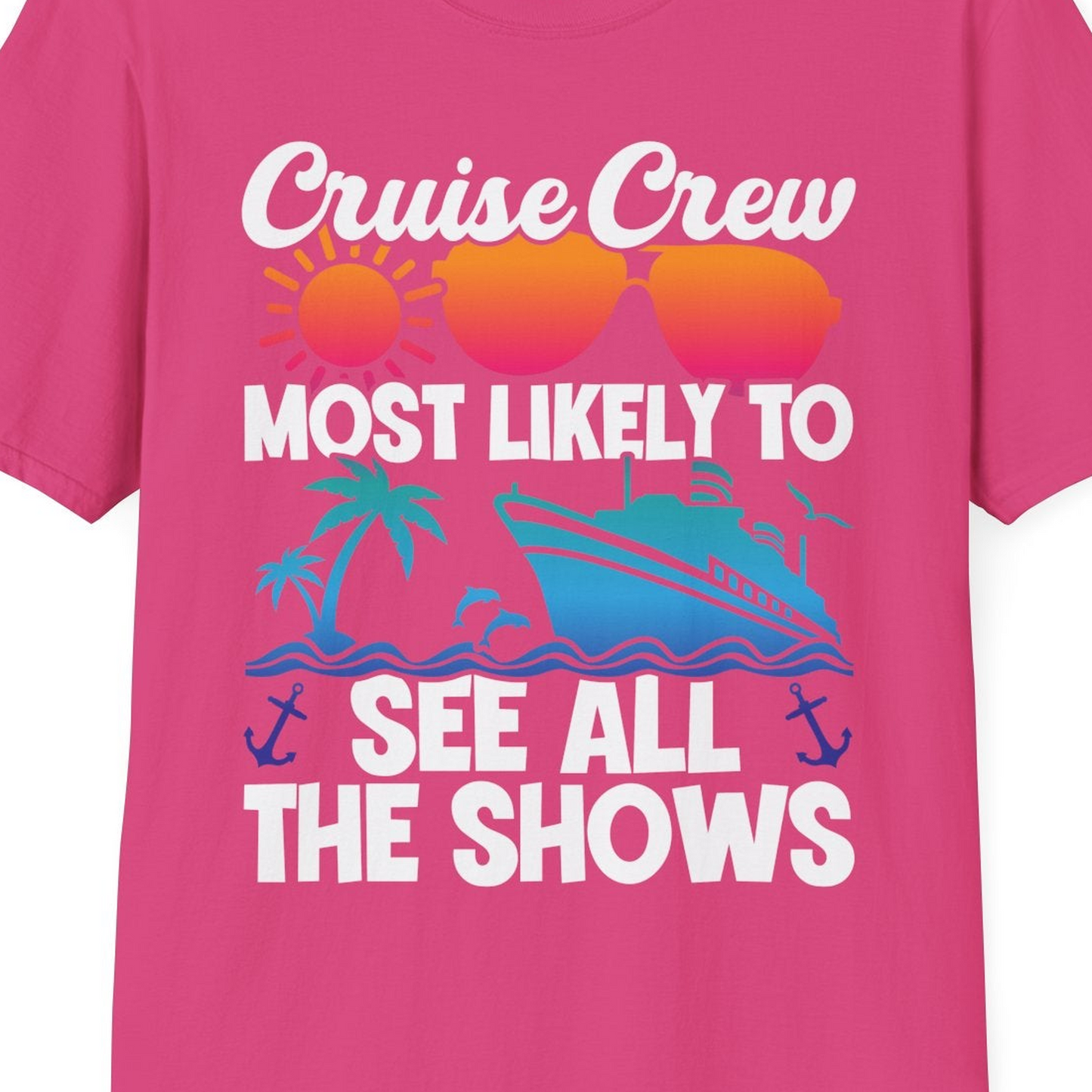 Cruise Crew Most Likely To See All The Shows Tropical Shirt — T-Shirt T-Shirt – Heliconia – Best Cruise Shirts Close Up