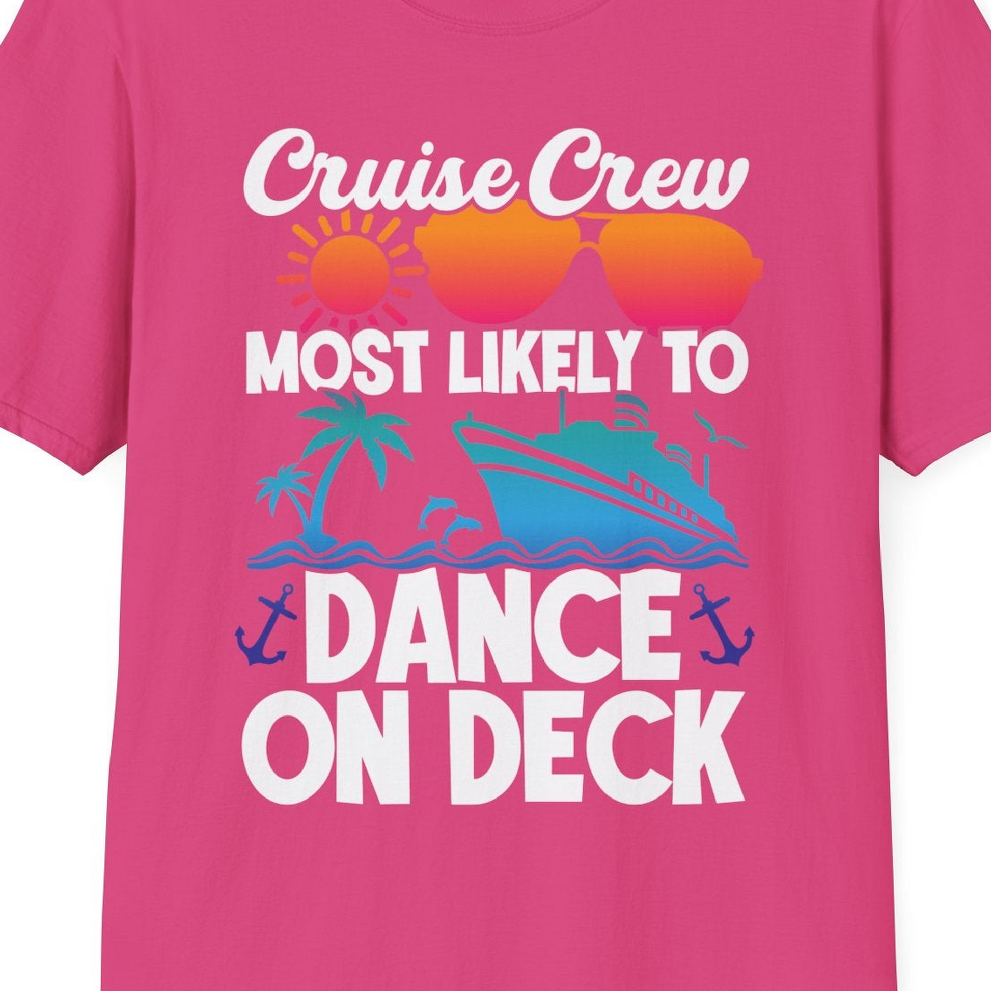 Cruise Crew Most Likely To Dance On Deck Tropical Party Shirt — T-Shirt T-Shirt – Heliconia – Best Cruise Shirts Close Up