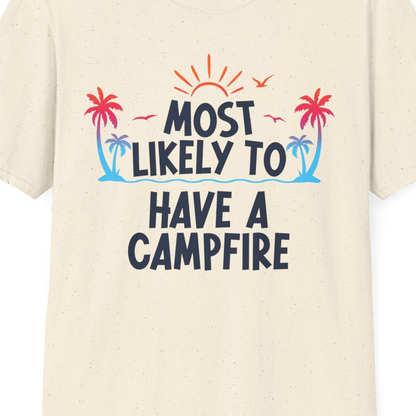 Most Likely to Have a Campfire Tropical Sunset Palm Trees Shirt — T-Shirt T-Shirt – Natural – Best Cruise Shirts Close Up