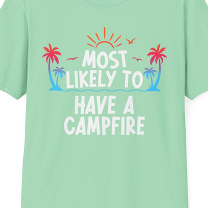 Most Likely to Have a Campfire Tropical Sunset Palm Trees Shirt — T-Shirt T-Shirt – Mint Green – Best Cruise Shirts Close Up