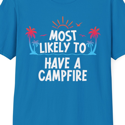 Most Likely to Have a Campfire Tropical Sunset Palm Trees Shirt — T-Shirt T-Shirt – Sapphire – Best Cruise Shirts Close Up