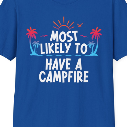 Most Likely to Have a Campfire Tropical Sunset Palm Trees Shirt — T-Shirt T-Shirt – Royal – Best Cruise Shirts Close Up
